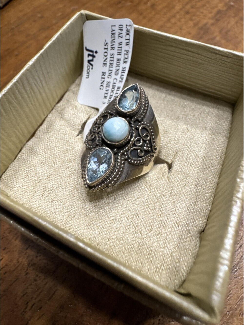 JTV 2.40ctw Pear Shape Blue Topaz W/ Round Cabochon Larimar Sterling Silver Ring - Picture 1 of 7